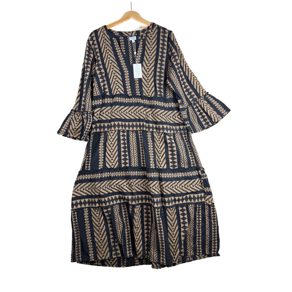 New Mud Pie Mari Geometric Print Yarn-Dyed Midi Dress size Large Tan/Black